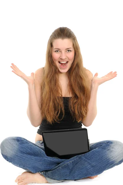 Portrét šťastná dívka s notebookem — Stock fotografie