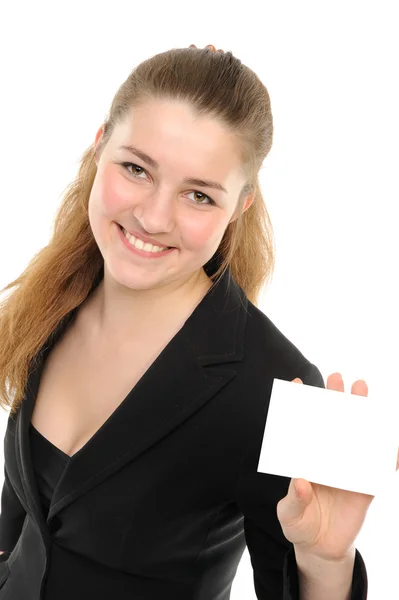 Νεαρή γυναίκα με λευκή κάρτα — Φωτογραφία Αρχείου