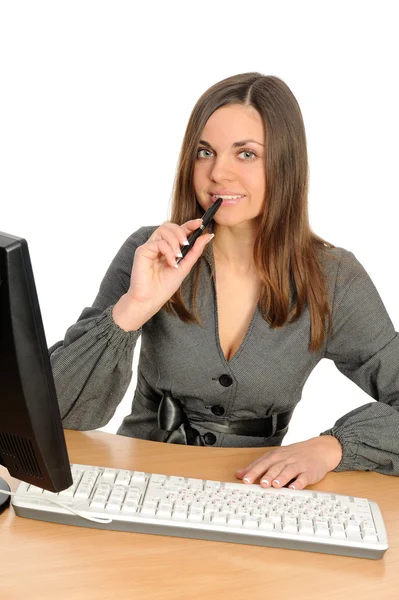 여자는 컴퓨터 앞 — 스톡 사진