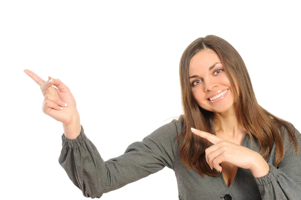 Glad affärskvinna pekar på kopia — Stockfoto