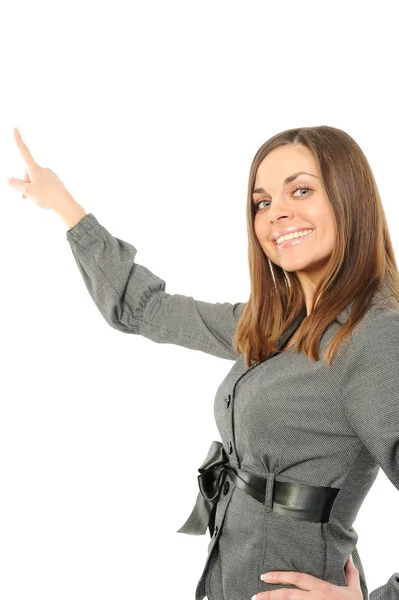 Glad affärskvinna pekar på kopia — Stockfoto