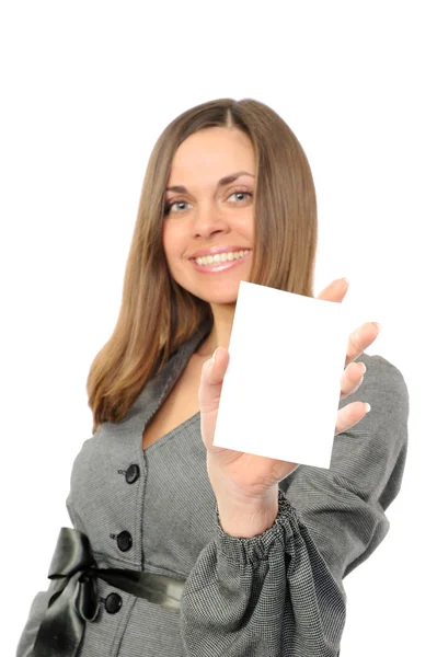 Young woman with white card — Stock Photo, Image