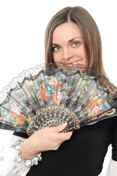 Beautiful young woman with fan — Stock Photo, Image