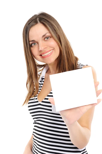 Girl holding empty white board — Stock Photo, Image