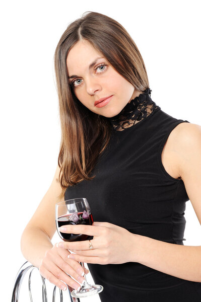Portrait of beautiful woman with glass red wine on a whate background