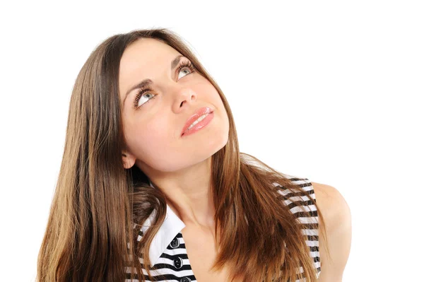 Young woman considers above which that — Stock Photo, Image