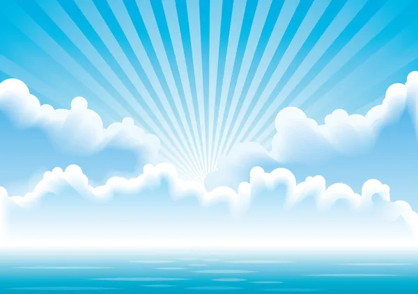 Vektormeerlandschaft mit Wolken und Sonnenstrahlen — Stockvektor