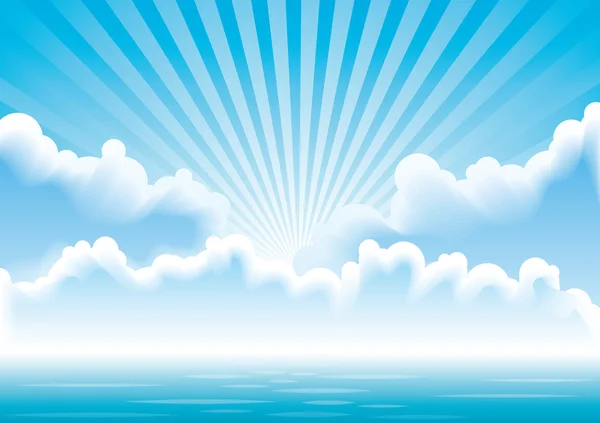 Vetor de paisagem marinha com nuvens e raios de sol — Vetor de Stock