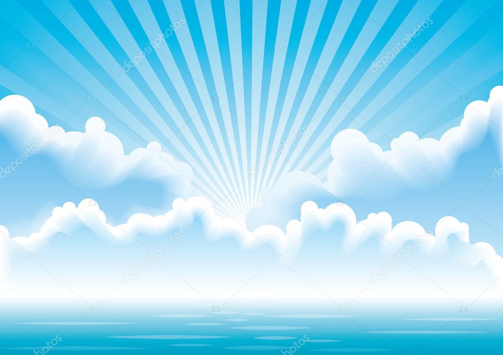 Vector seascape with clouds and sun rays