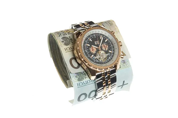 Reloj de oro de lujo alrededor de billetes — Foto de Stock