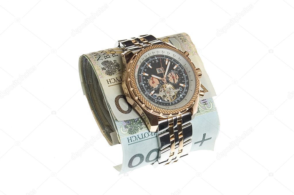 Luxury gold watch around banknotes