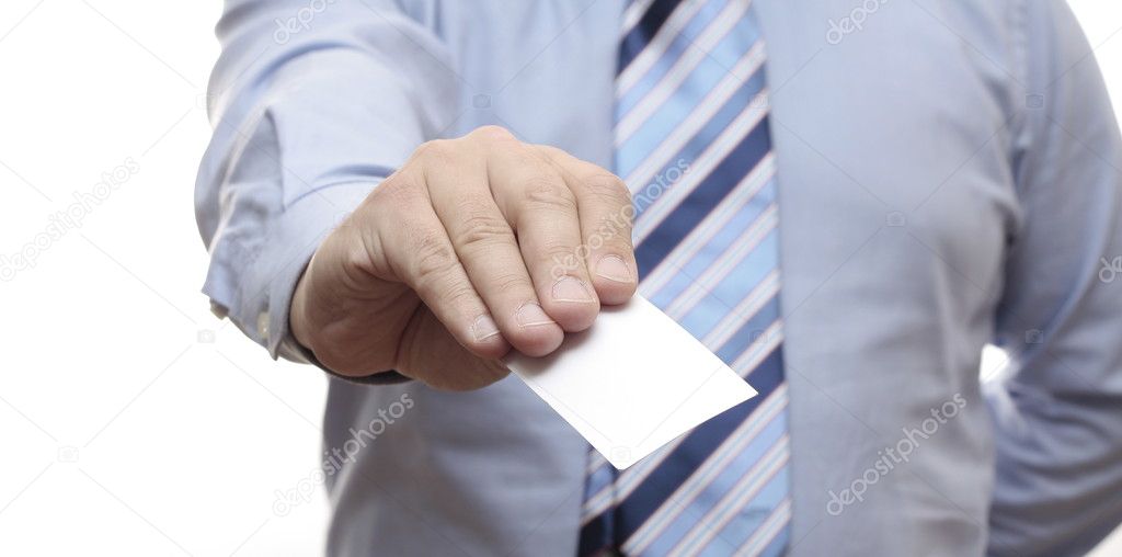 Businessman holding a business card.