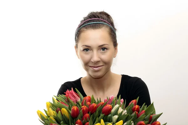 stock image Woman with Colored Tulips