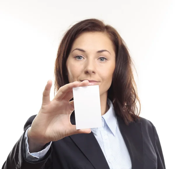 stock image Businesswoman holding a business card.