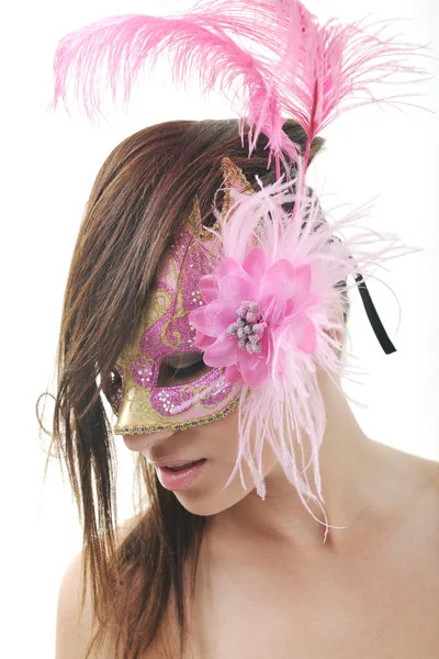 白で隔離されるマスクを持つ女性 — ストック写真