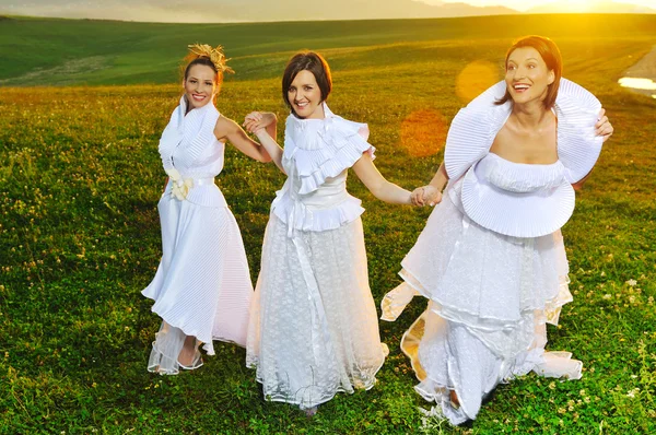 Running brides on meadow — Stock Photo, Image