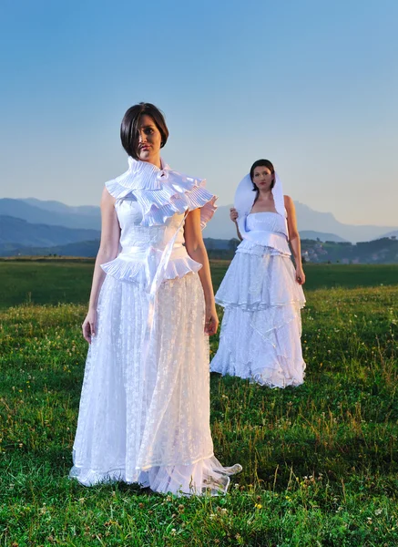 Correndo noivas no prado — Fotografia de Stock