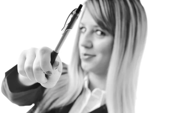 Young business woman with pen — Stock Photo, Image