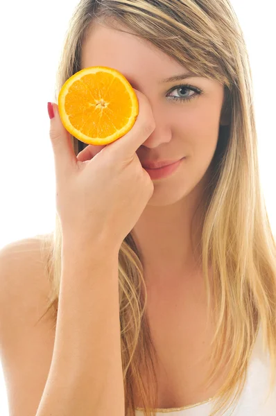 Frau isoliert auf weißem Laderaum orange — Stockfoto
