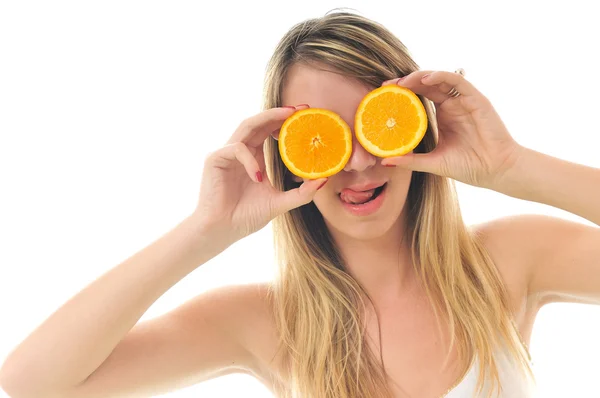 Beyaz izole kadın portakal tutun — Stok fotoğraf