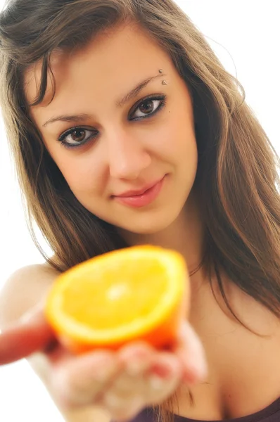 Woman isolated on white hold orange — Stock Photo, Image