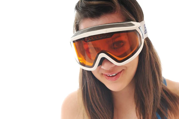 Mulher com óculos de esqui isolados em branco — Fotografia de Stock