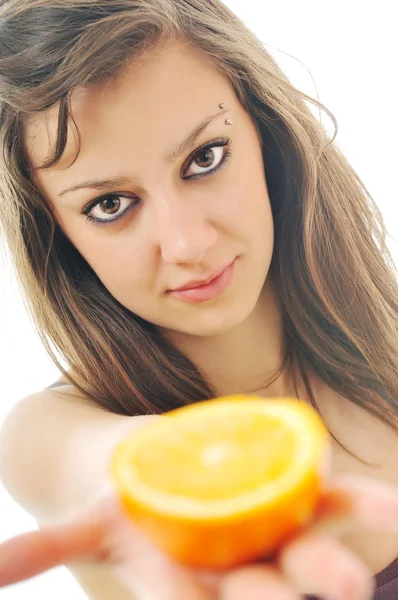 Woman portrait with orange isolated on white — Stock Photo, Image