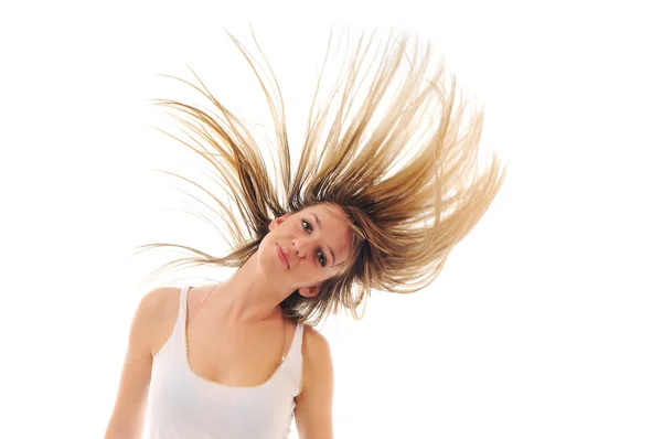 Saçlarında rüzgar ile izole kadın parti — Stok fotoğraf