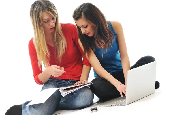 Две девушки работают на ноутбуке — стоковое фото