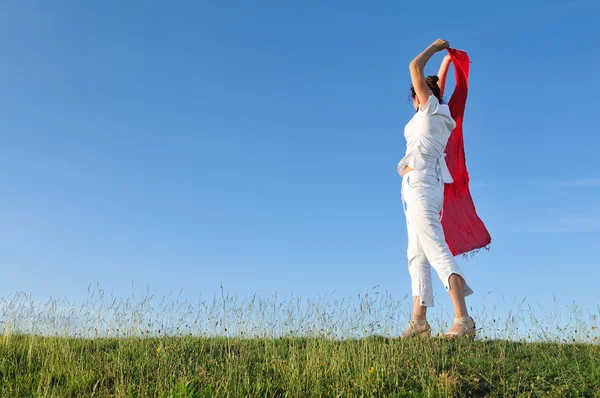 풀밭에 빨간 스카프로 아름 다운 여자 — 스톡 사진