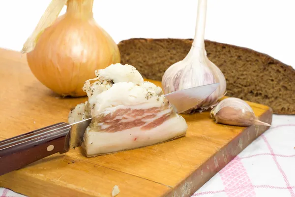 Schmalz, Knoblauch, Zwiebeln, Brot — Stockfoto
