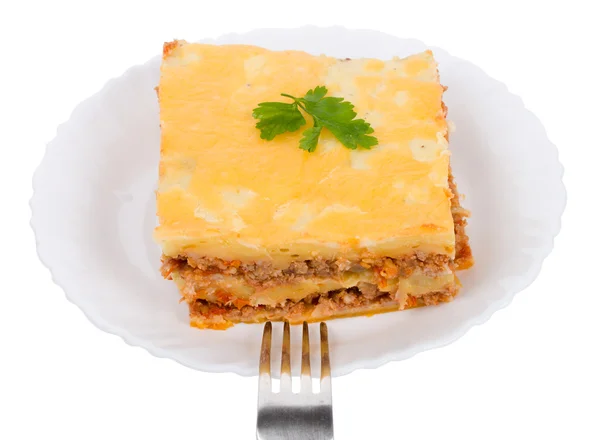 Lasagne on plate with fork — Stock Photo, Image