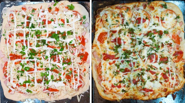Pizza before and after bake — Stock Photo, Image