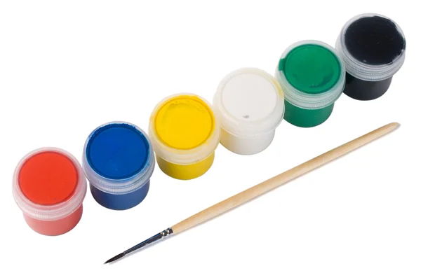 Six paints and paintbrush — Stock Photo, Image