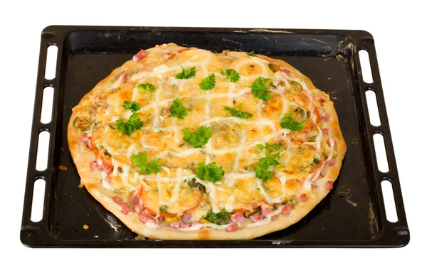 Baked pizza on tray — Stock Photo, Image