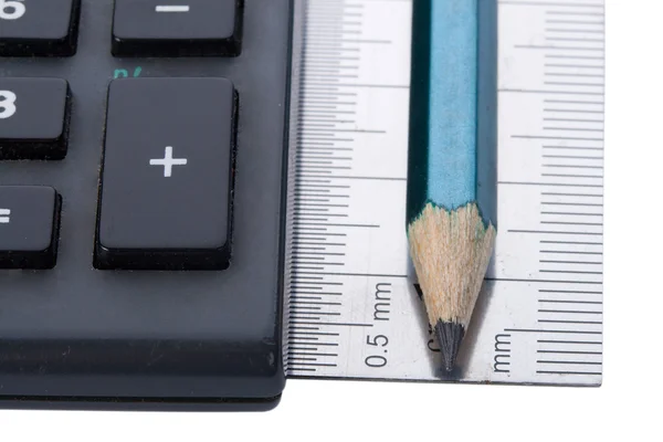 Calcolatrice e righello e matita — Foto Stock