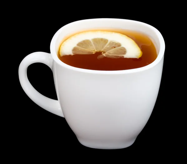 Xícara de chá com limão em preto — Fotografia de Stock