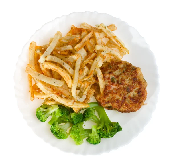 Stekt potatis med kotlett och broccoli — Stockfoto