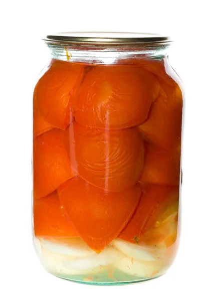 Glass jar with piece of tomatoes — Stock Photo, Image