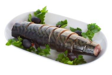 Mackerel with olives on plate clipart