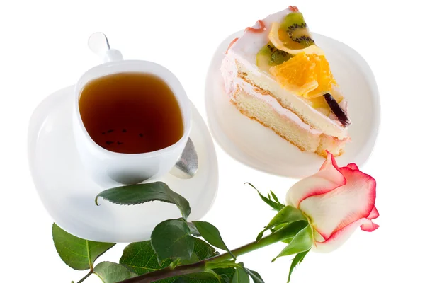 Rosa te och kaka Visa från ovan — Stockfoto