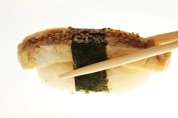 Sushi with chopsticks shot on white — Stock Photo, Image