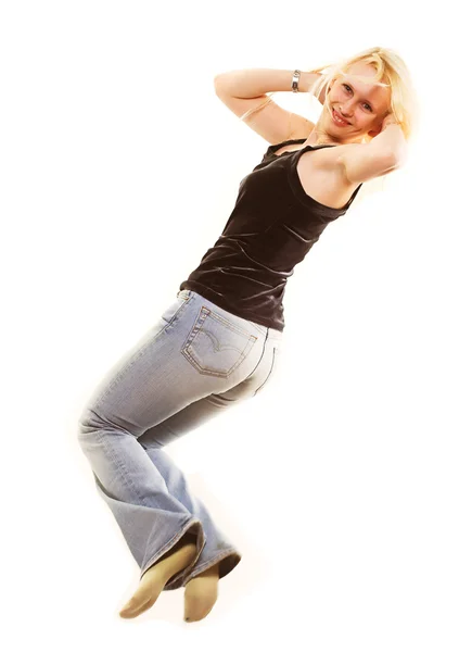 Menina pulando de alegria sobre branco — Fotografia de Stock