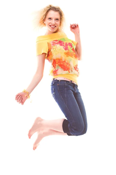 Girl jumping of joy over white — Stock Photo, Image