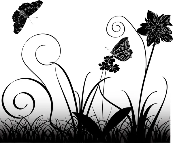 Kelebekler, çiçekler ve çim — Stok Vektör