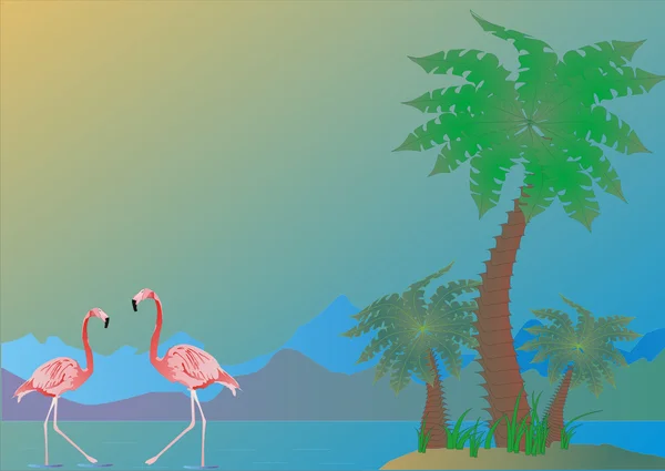 Palmen en flamingo — Stockvector