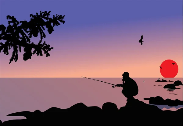 Pescador sentado en piedra — Vector de stock