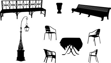 Chairs, benchs, street lamp and table clipart