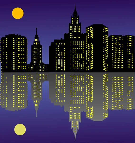 Natten staden med reflektion — Stock vektor