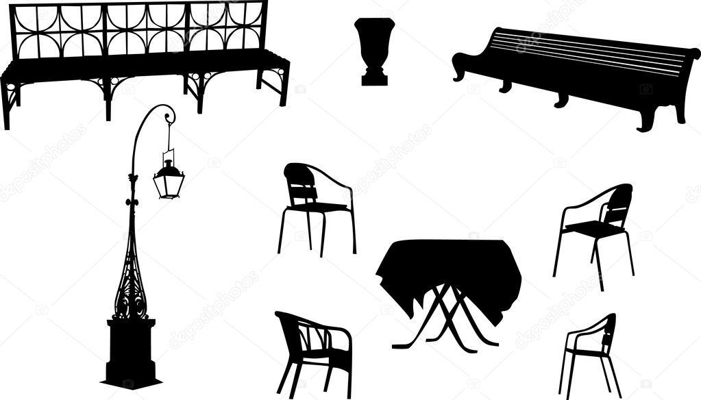 Chairs, benchs, street lamp and table